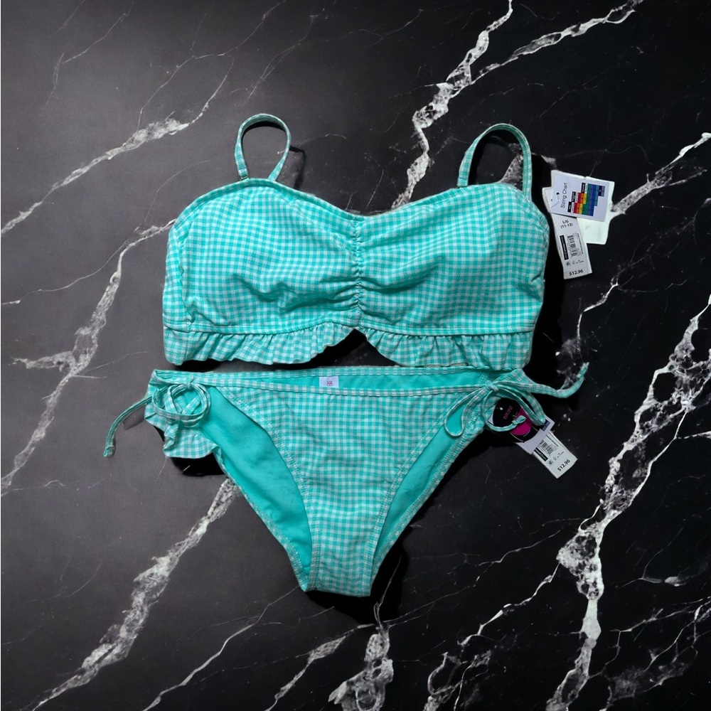 No Boundaries Bathing Suit Set Flannel Teal Size Large Top Size Medium Bottoms